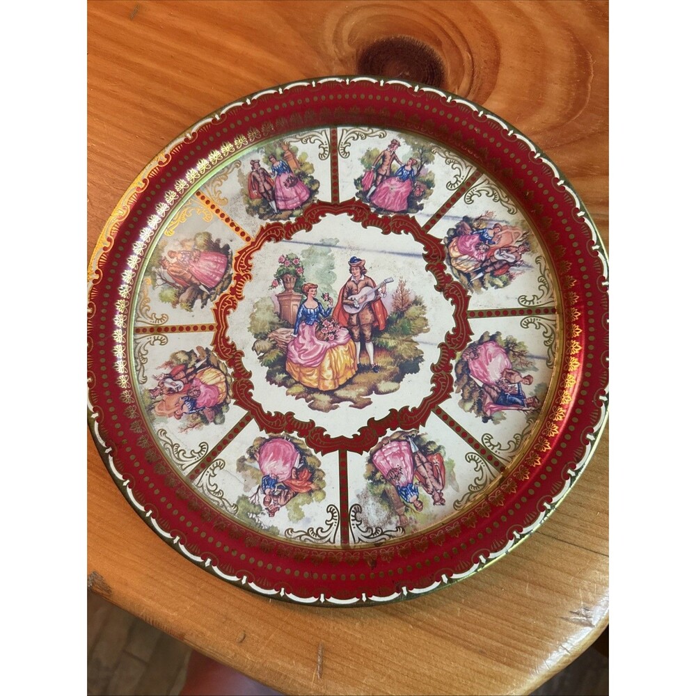 Vintage red & gold metal tray platter